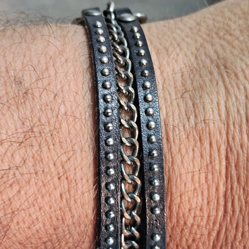 Skagen Leather Bracelet Set Black Braided Studded Chain Wrap 3pc